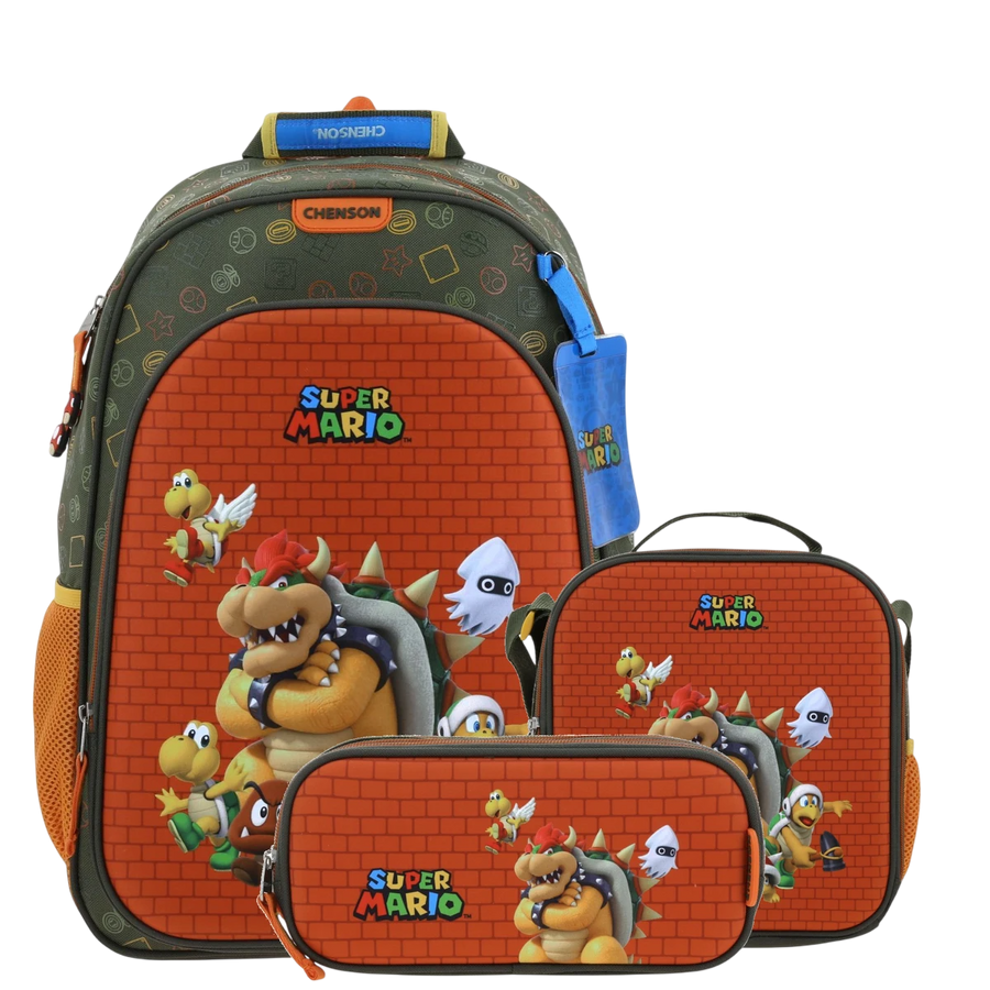 Kit Escolar Mario Bros (Mochila + Lonchera + Lapicera) infantil.