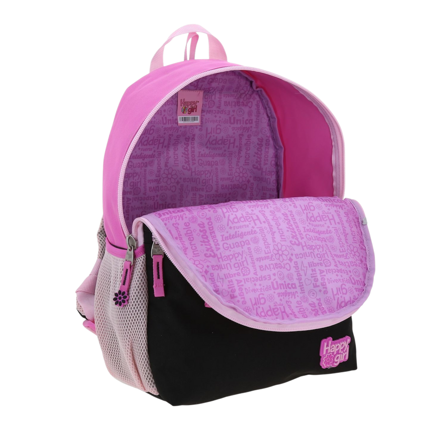 Mochila escolar para niña Happy Girl negra con bolsillos prácticos